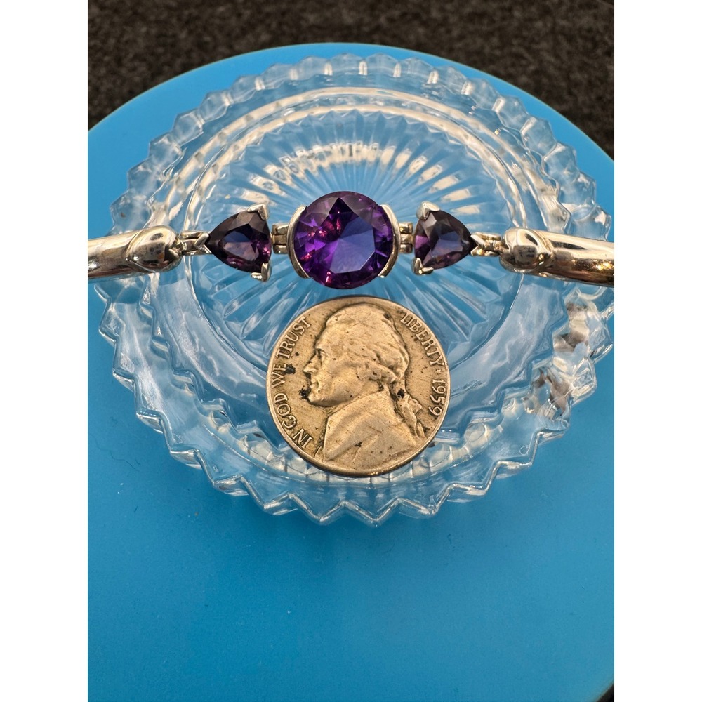 Sterling Silver Amethyst Bangle Bracelet with 3 large Amethyst 16g - Picture 10 of 11